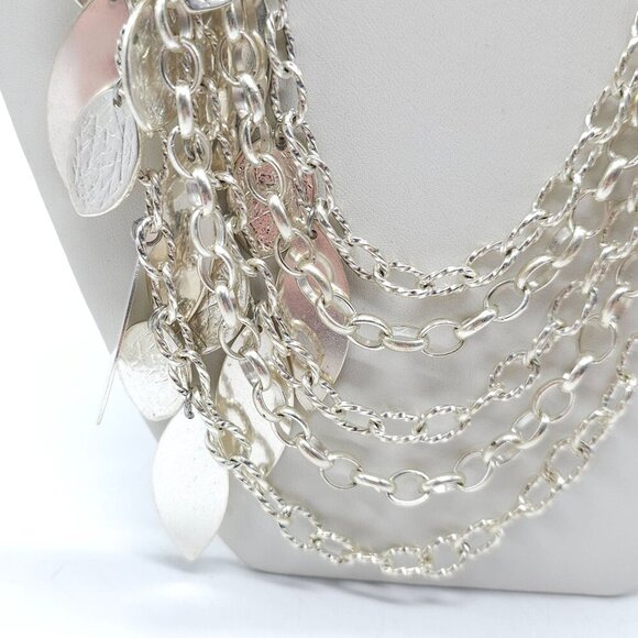 Multi Layer Silver Tone Statement Necklace With Chain Links Textured Leaf Charms - Picture 4 of 7